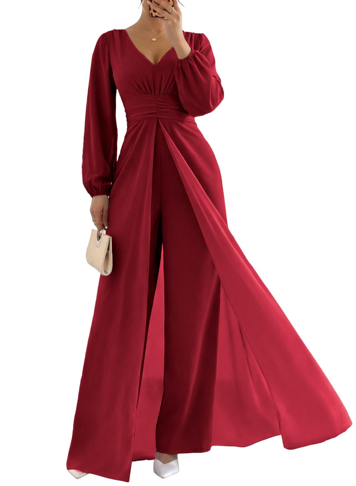 Pink Queen Women's Chiffon V-Neck Overlay Dressy Jumpsuit