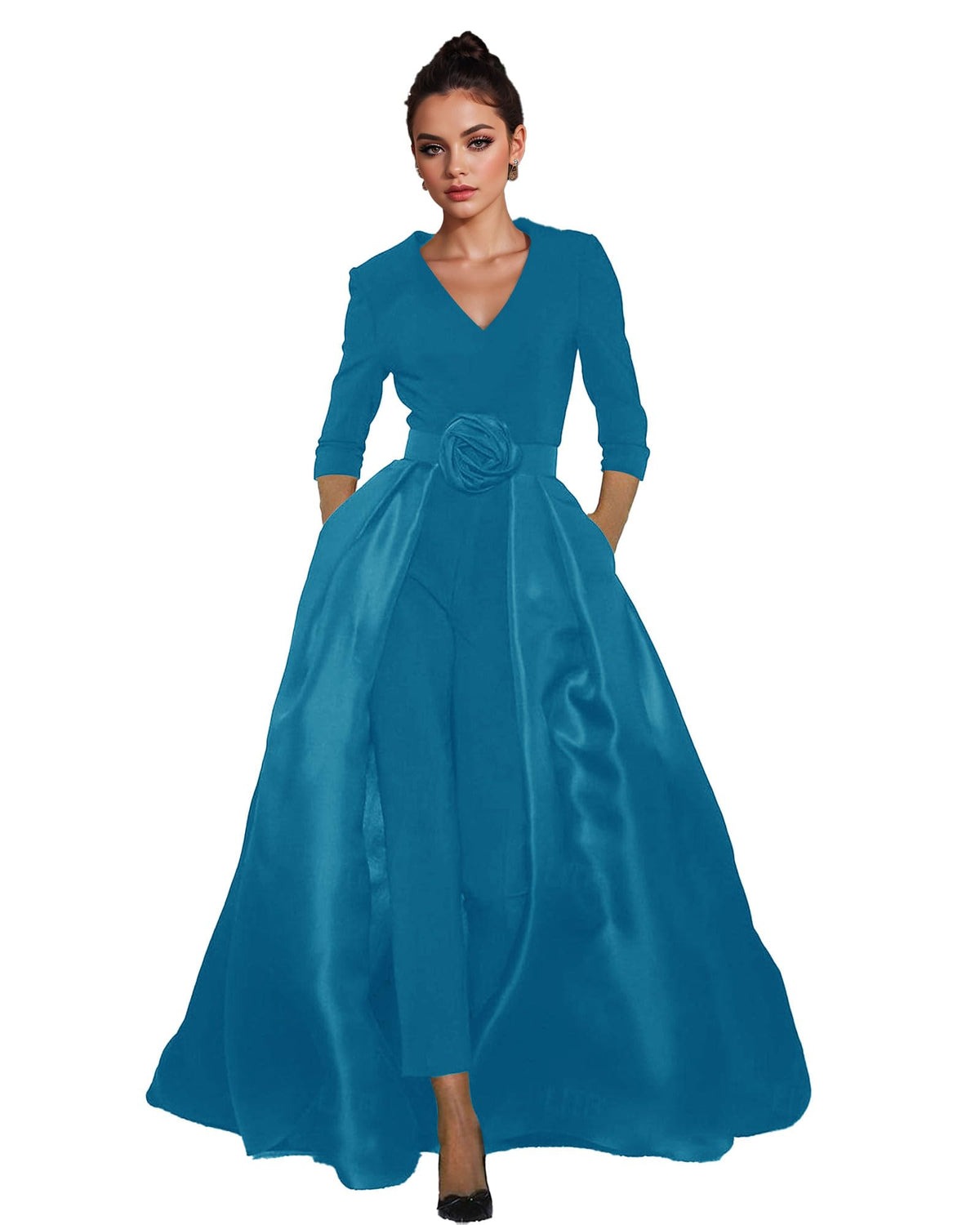 Women's V-Neck Formal Jumpsuit Pant Suit with Detachable Skirt