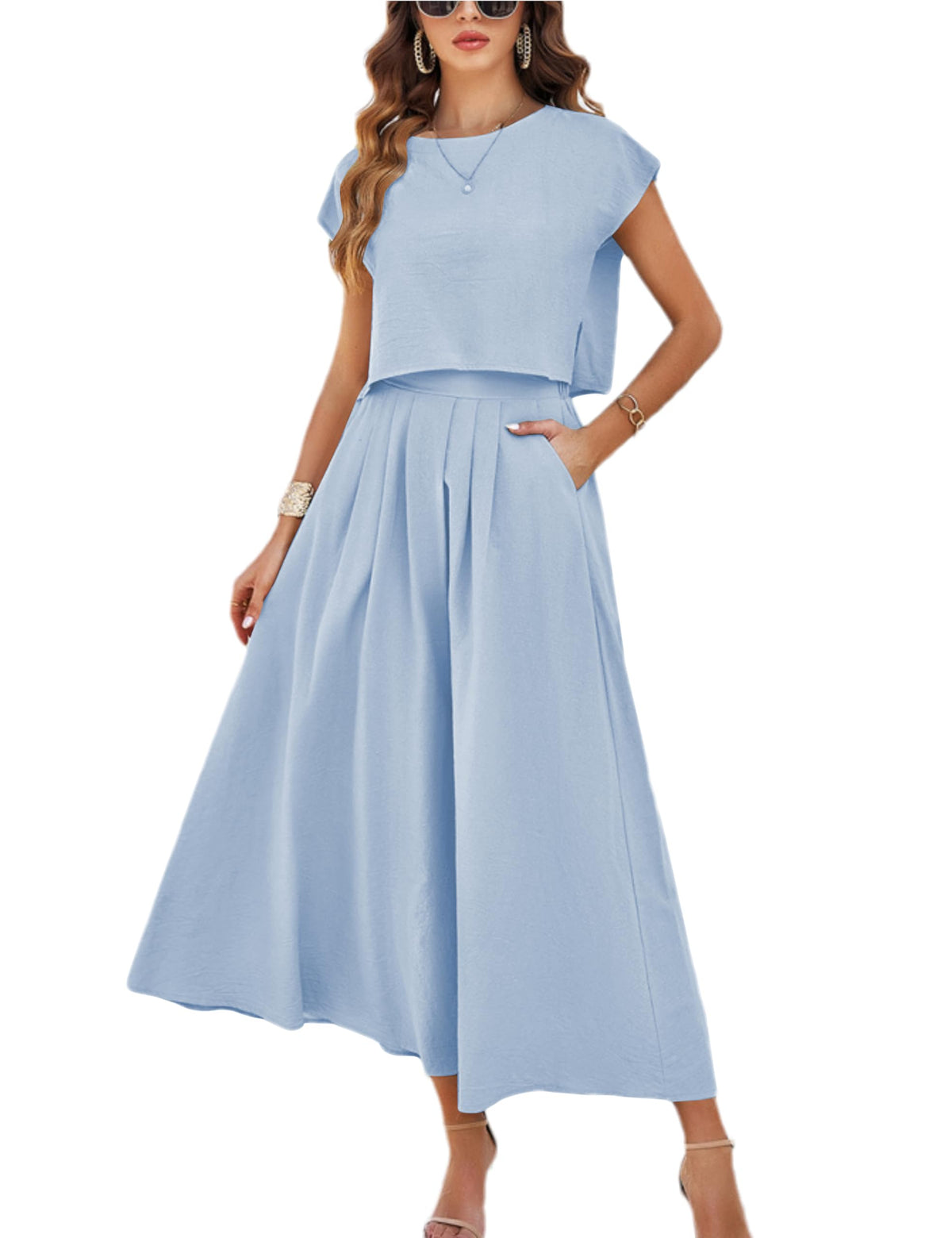 HangNiFang Women's 2-Piece Summer Maxi Skirt Set with Pockets
