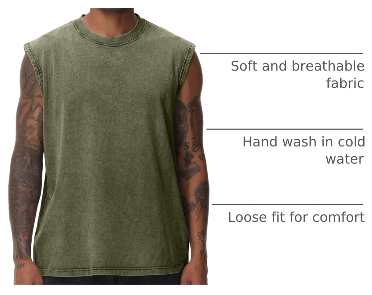 SnowElve Mens Workout Tank Tops Sleeveless Tee Shirts Men Muscle Shirt Gym Acid Wash T Shirts Running Beach Loose Fit Tee