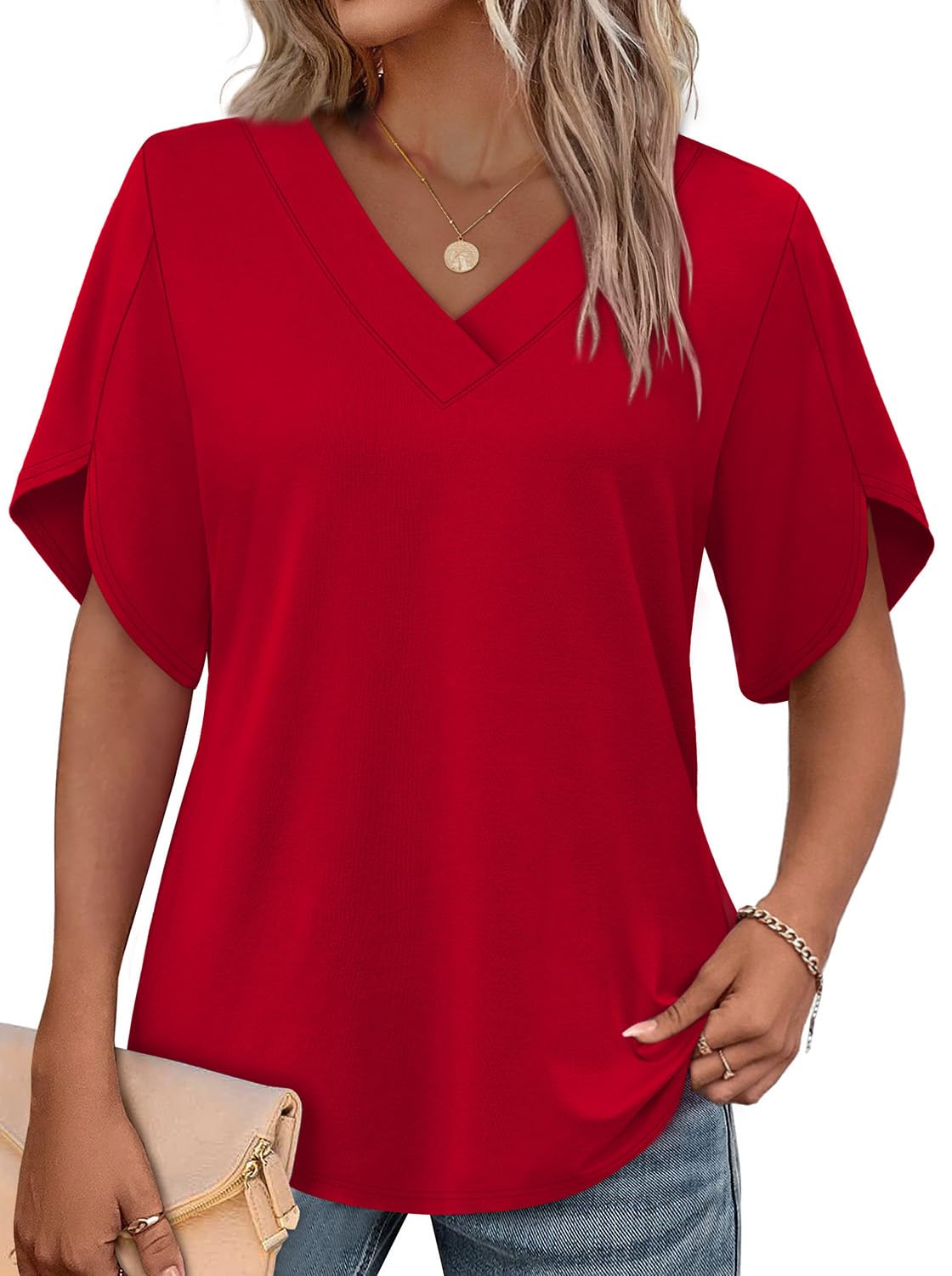 WIHOLL Women's V-Neck Petal Sleeve Summer Blouse Top