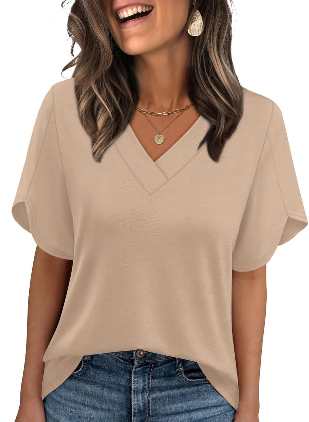 WIHOLL Womens Summer Tops Short Petal Sleeve Shirts Fashion V Neck Womens Clothing