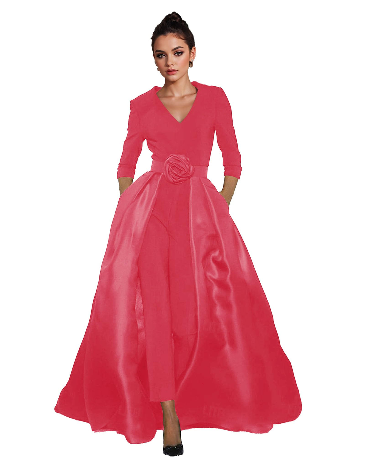 Women's V-Neck Formal Jumpsuit Pant Suit with Detachable Skirt