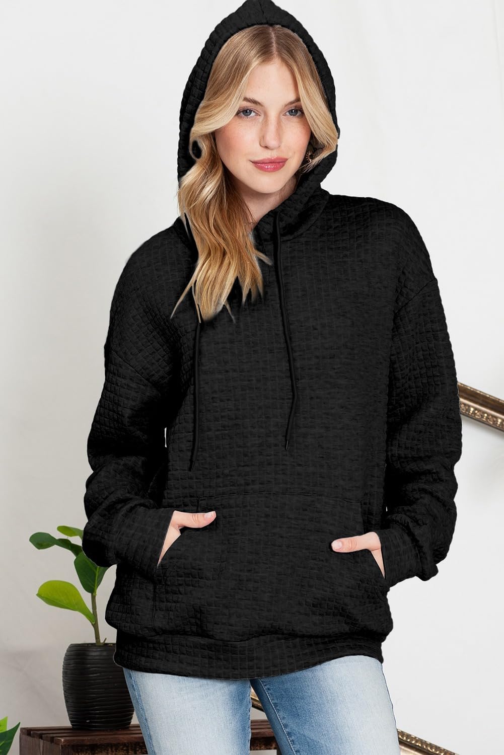 SHEWIN Women Fall Waffle Hoodies Pullover Tops Hooded Sweatshirt