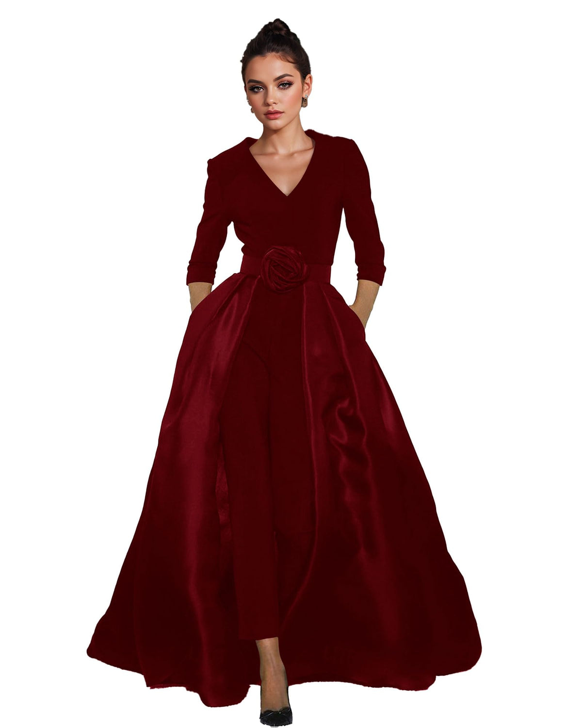 Women's V-Neck Formal Jumpsuit Pant Suit with Detachable Skirt