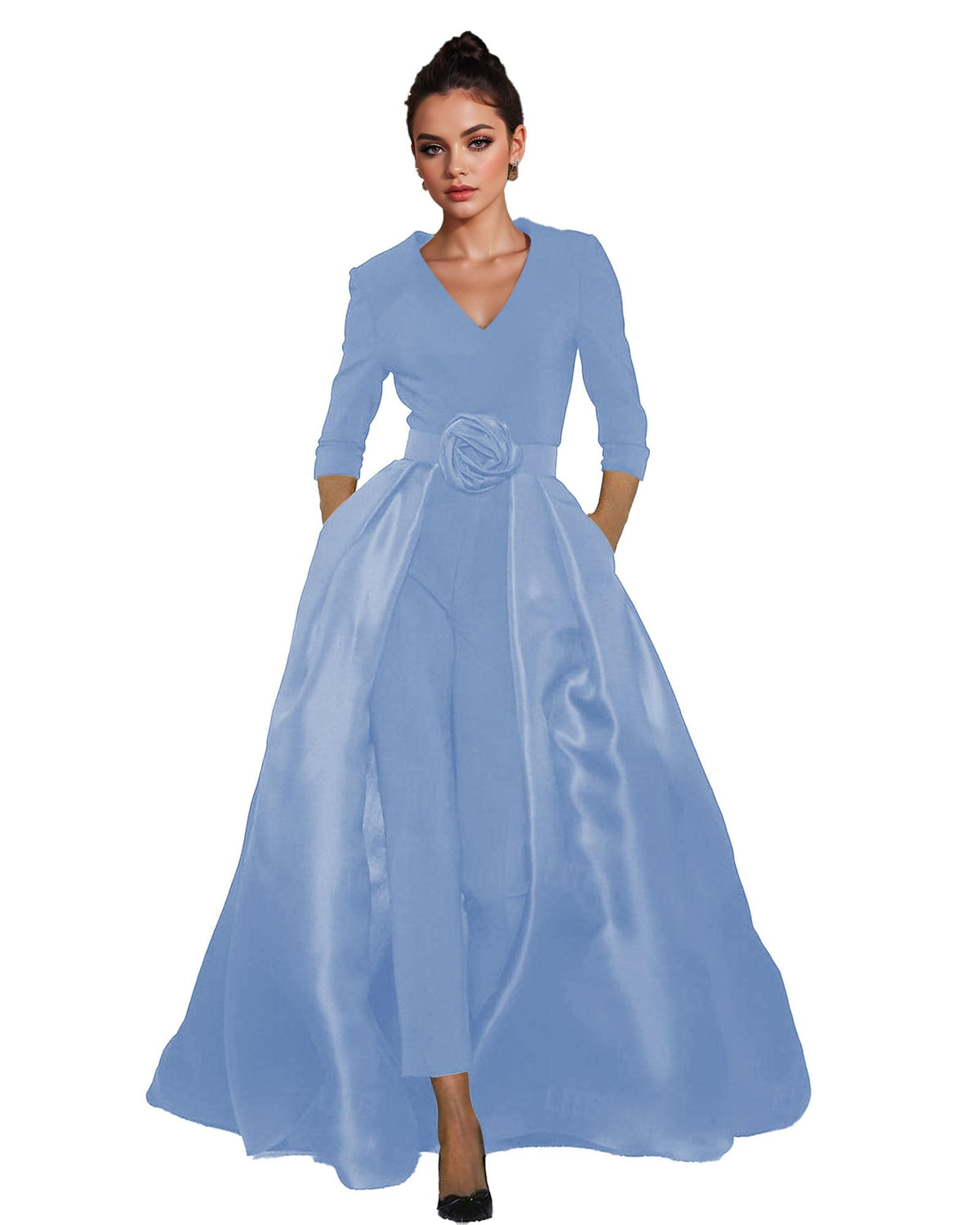 Women's V-Neck Formal Jumpsuit Pant Suit with Detachable Skirt