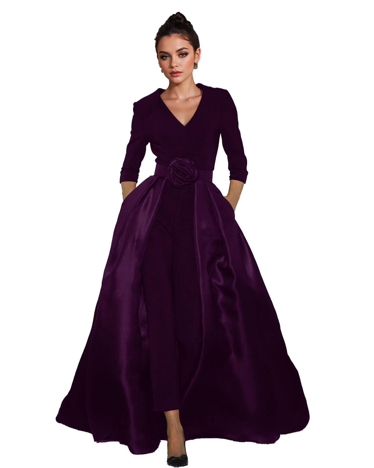 Women's V-Neck Formal Jumpsuit Pant Suit with Detachable Skirt