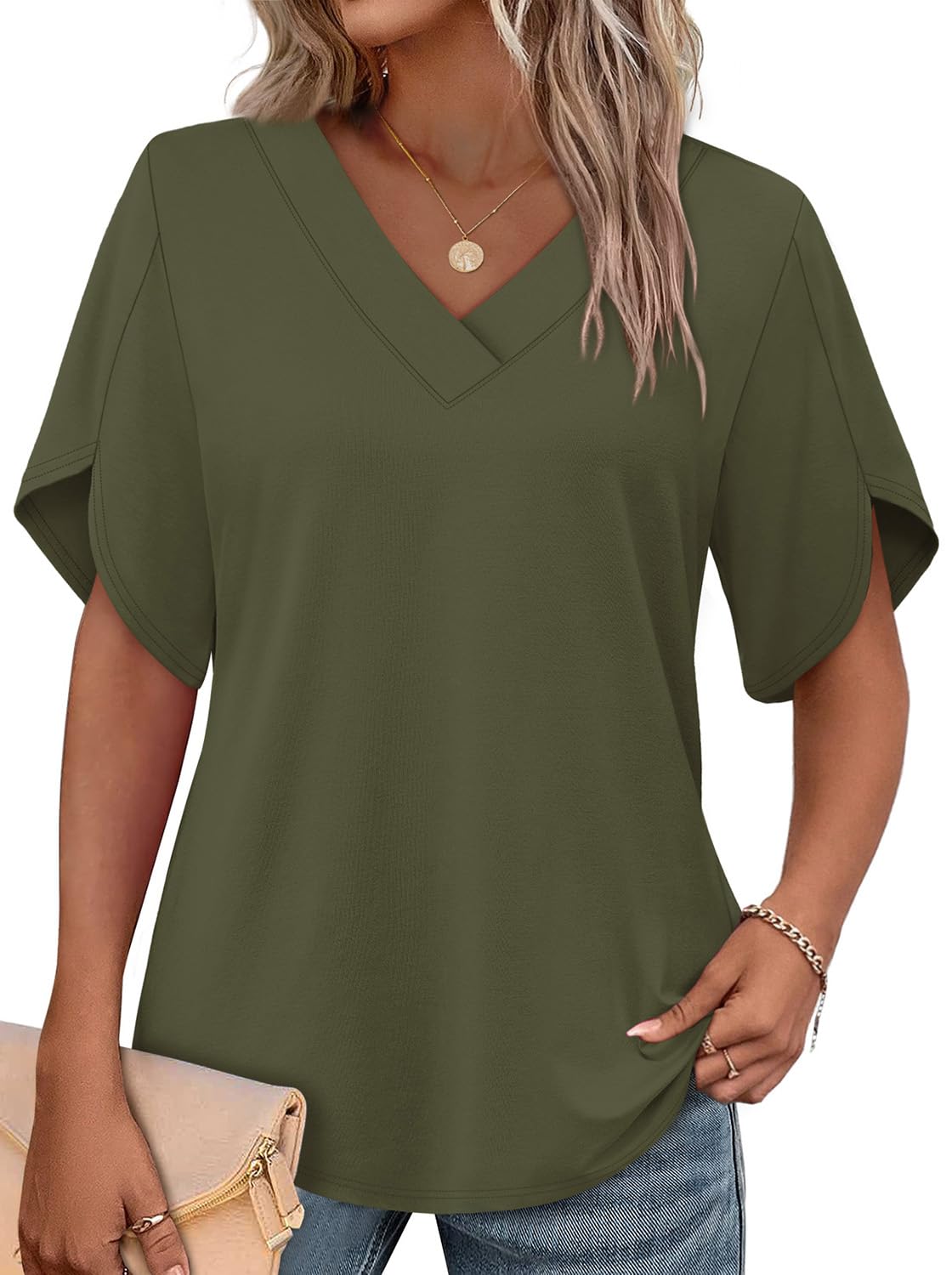 WIHOLL Women's V-Neck Petal Sleeve Summer Blouse Top