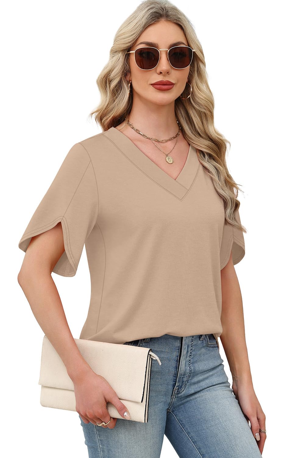 WIHOLL Womens Summer Tops Short Petal Sleeve Shirts Fashion V Neck Womens Clothing