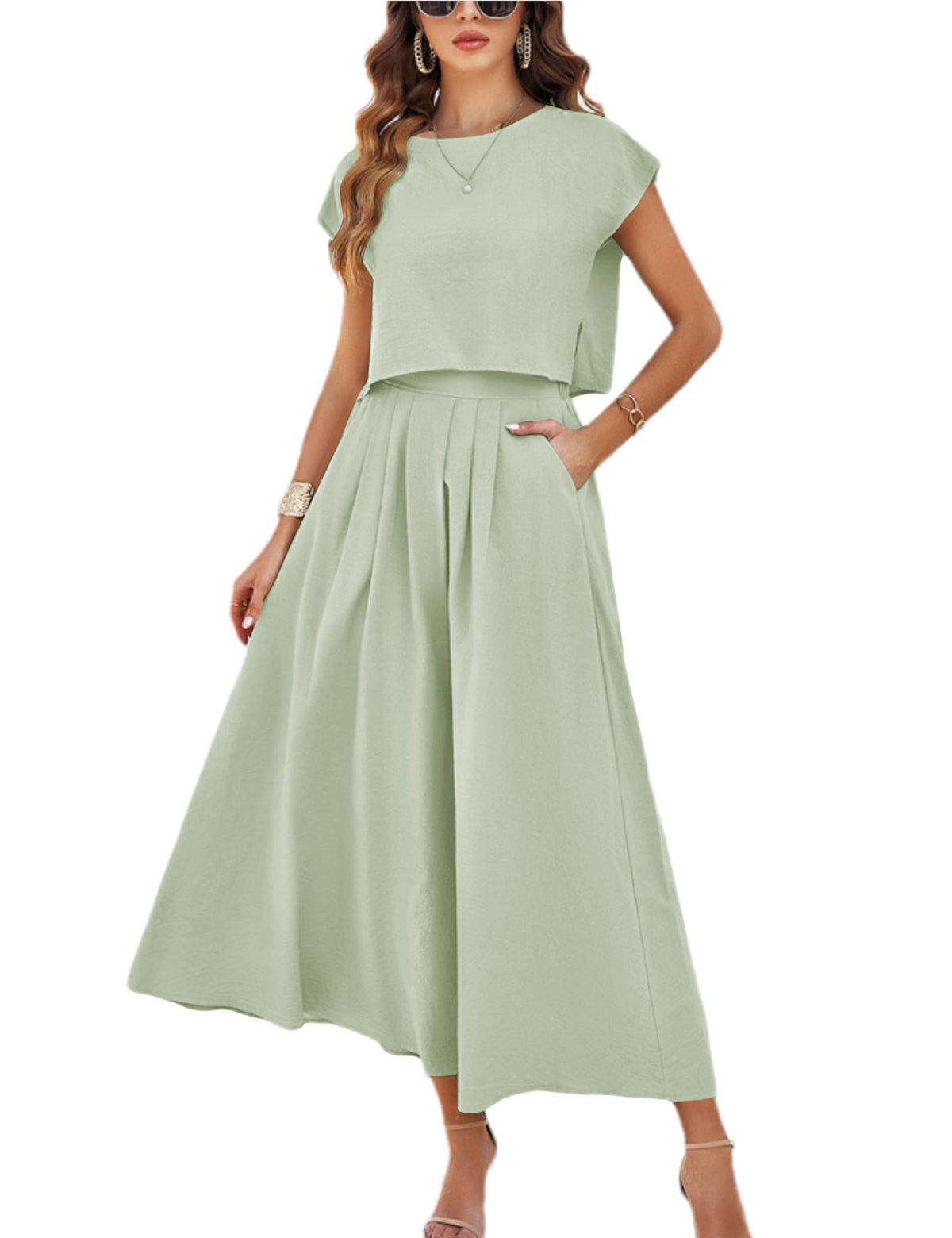 HangNiFang Women's 2-Piece Summer Maxi Skirt Set with Pockets