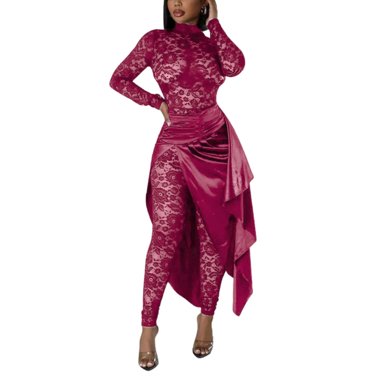 YOUFE Women's Lace Long-Sleeve Bodycon Jumpsuit with Split Skirt