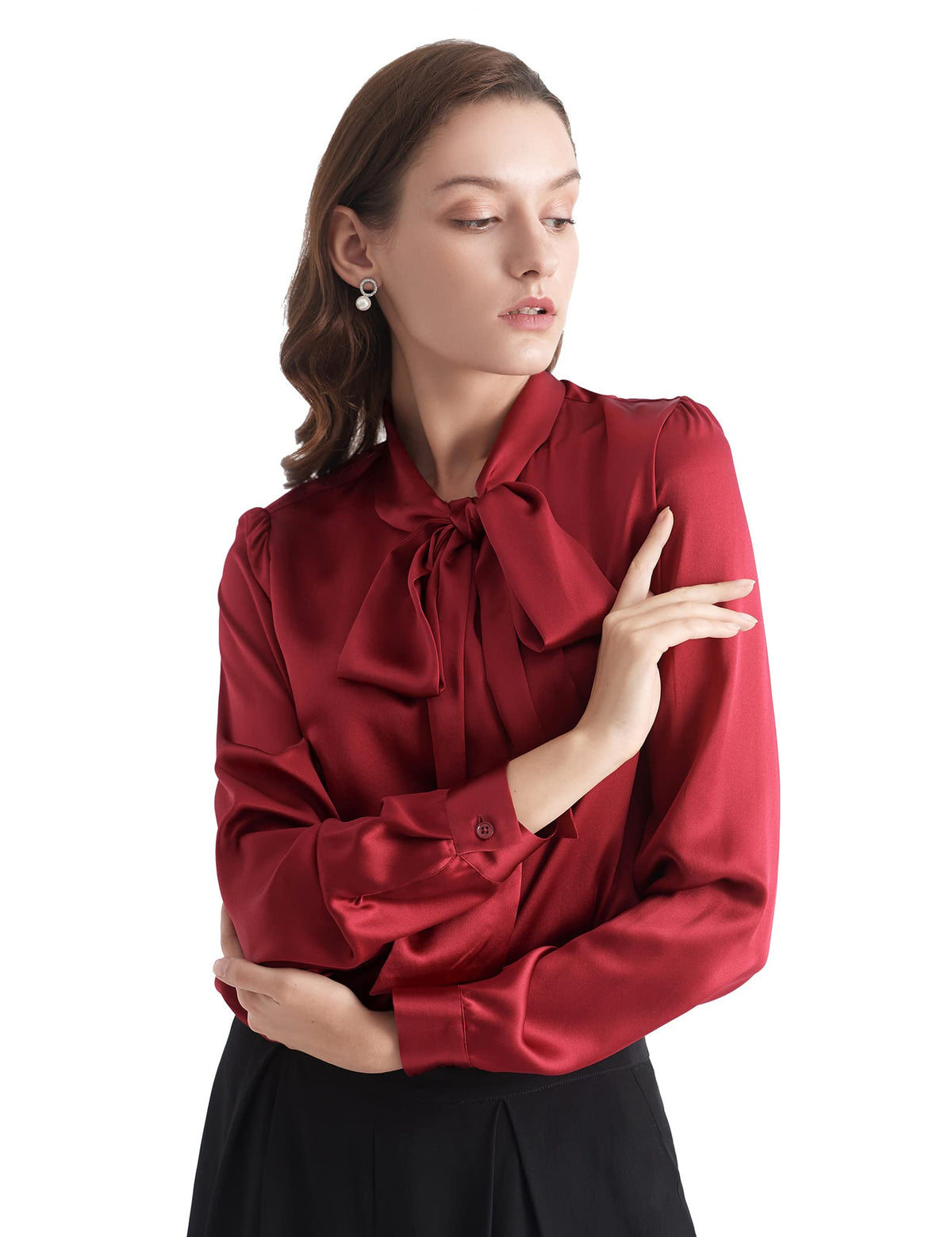 LilySilk Women's Bow-Tie Neck Long-Sleeve Silk Blouse
