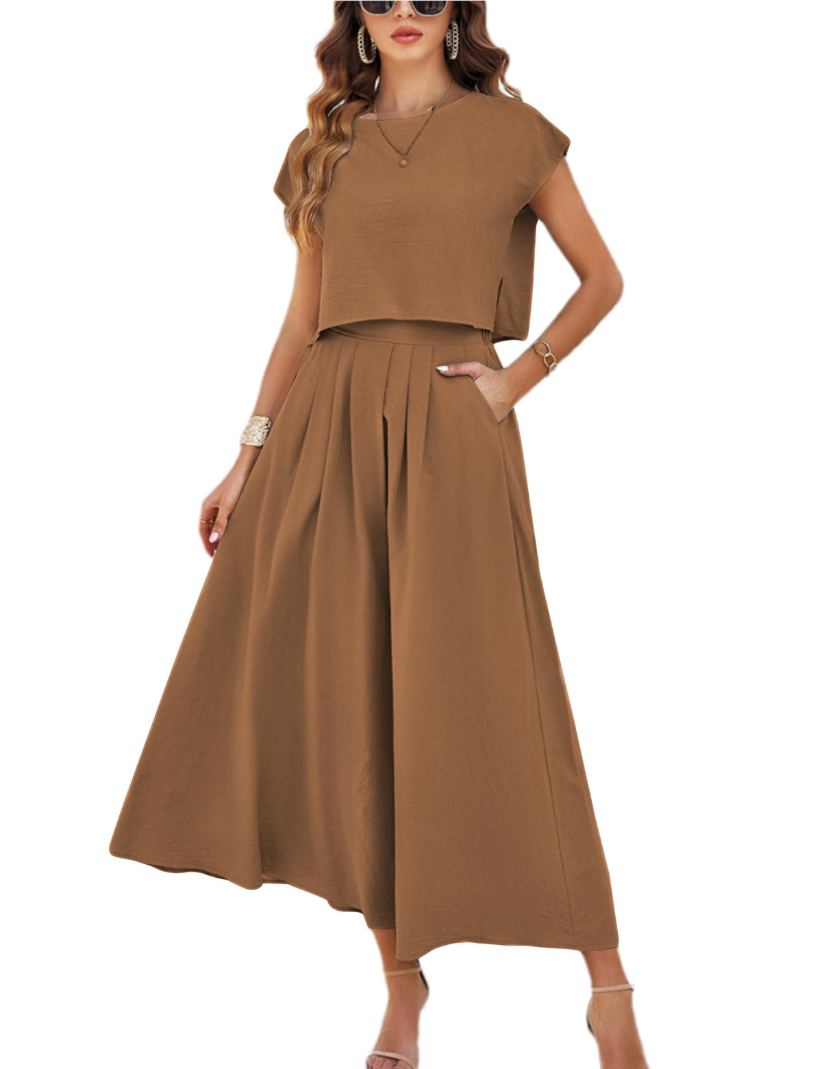 HangNiFang Summer Skirt Sets Women 2 Piece Outfits Maxi Dress Sets Pocketed
