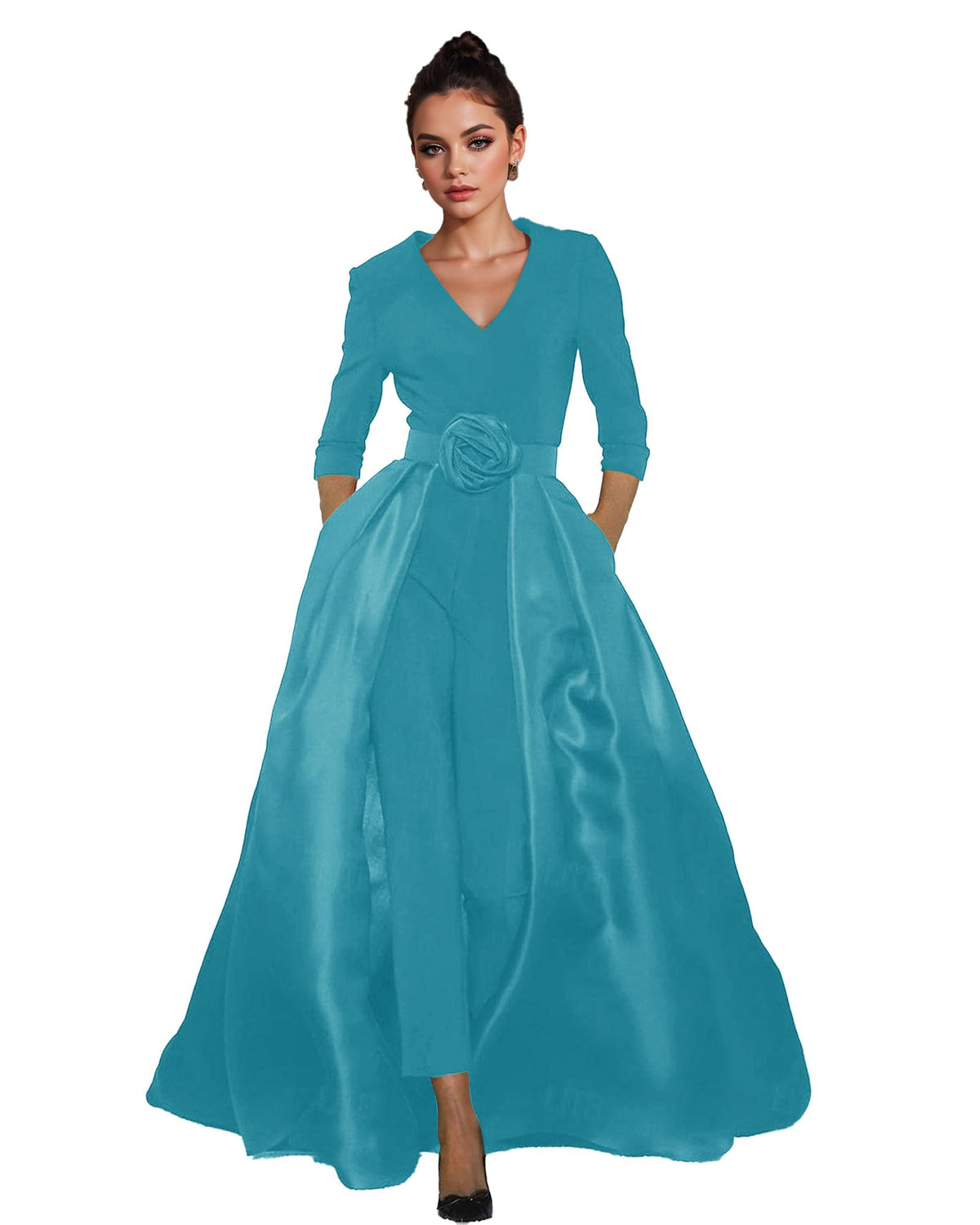 Women's V-Neck Formal Jumpsuit Pant Suit with Detachable Skirt