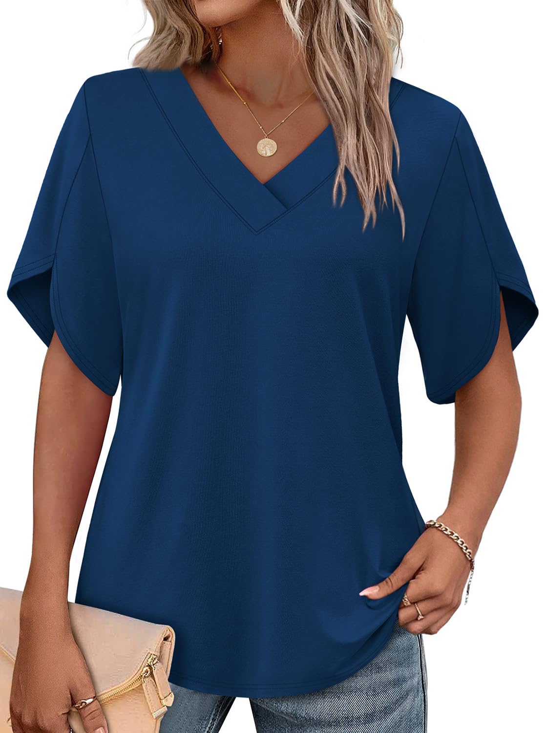 WIHOLL Women's V-Neck Petal Sleeve Summer Blouse Top