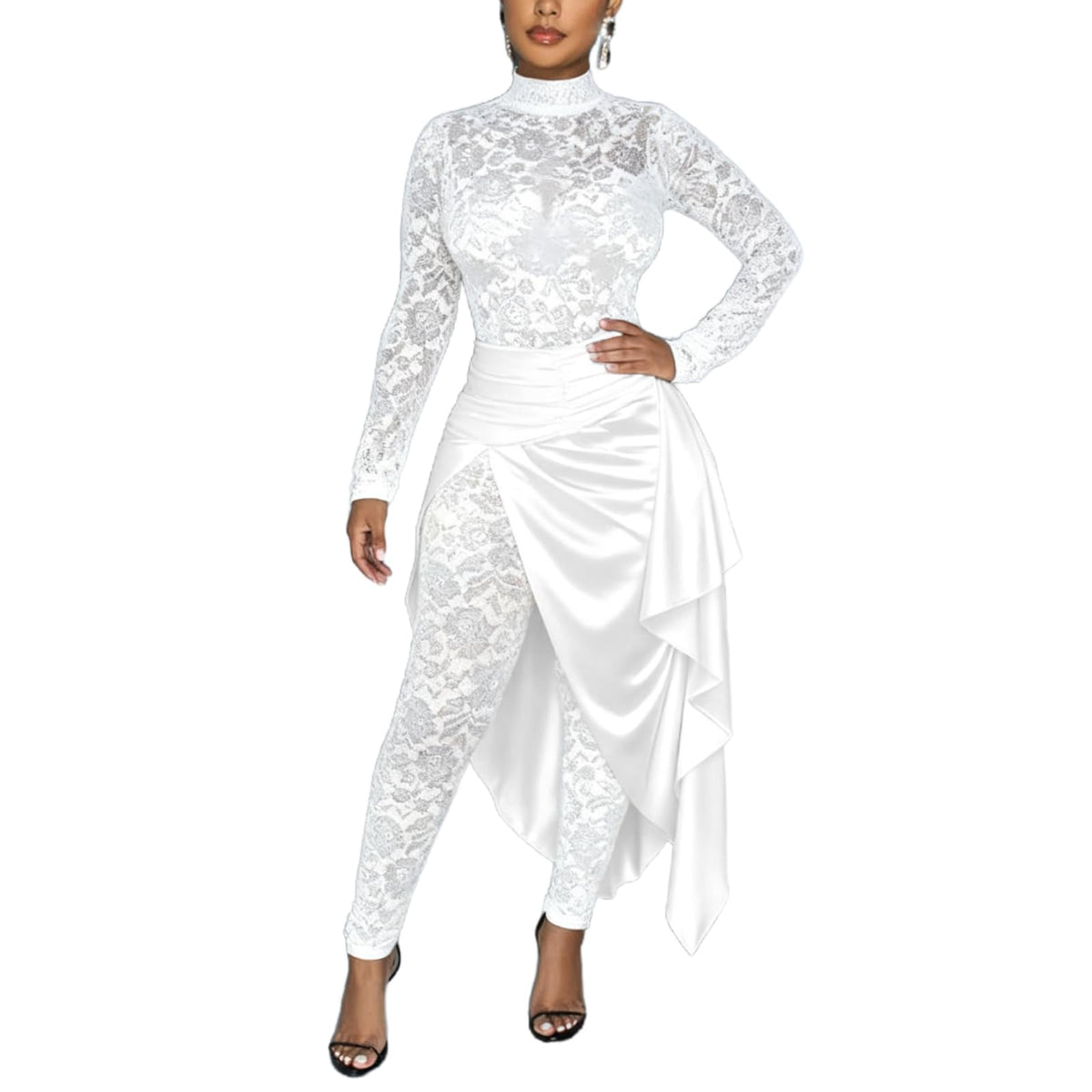 YOUFE Women's Lace Long-Sleeve Bodycon Jumpsuit with Split Skirt