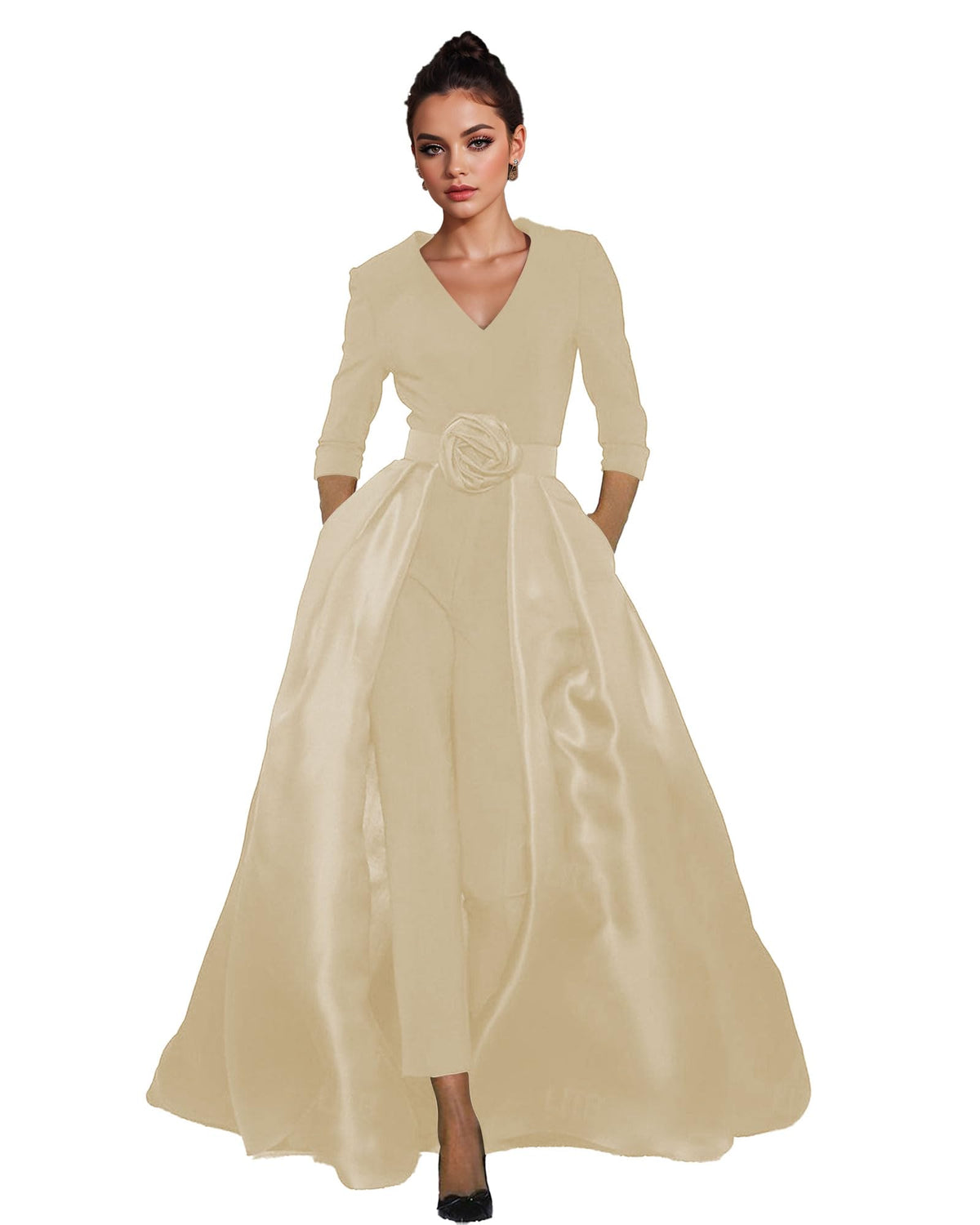 Women's V-Neck Formal Jumpsuit Pant Suit with Detachable Skirt