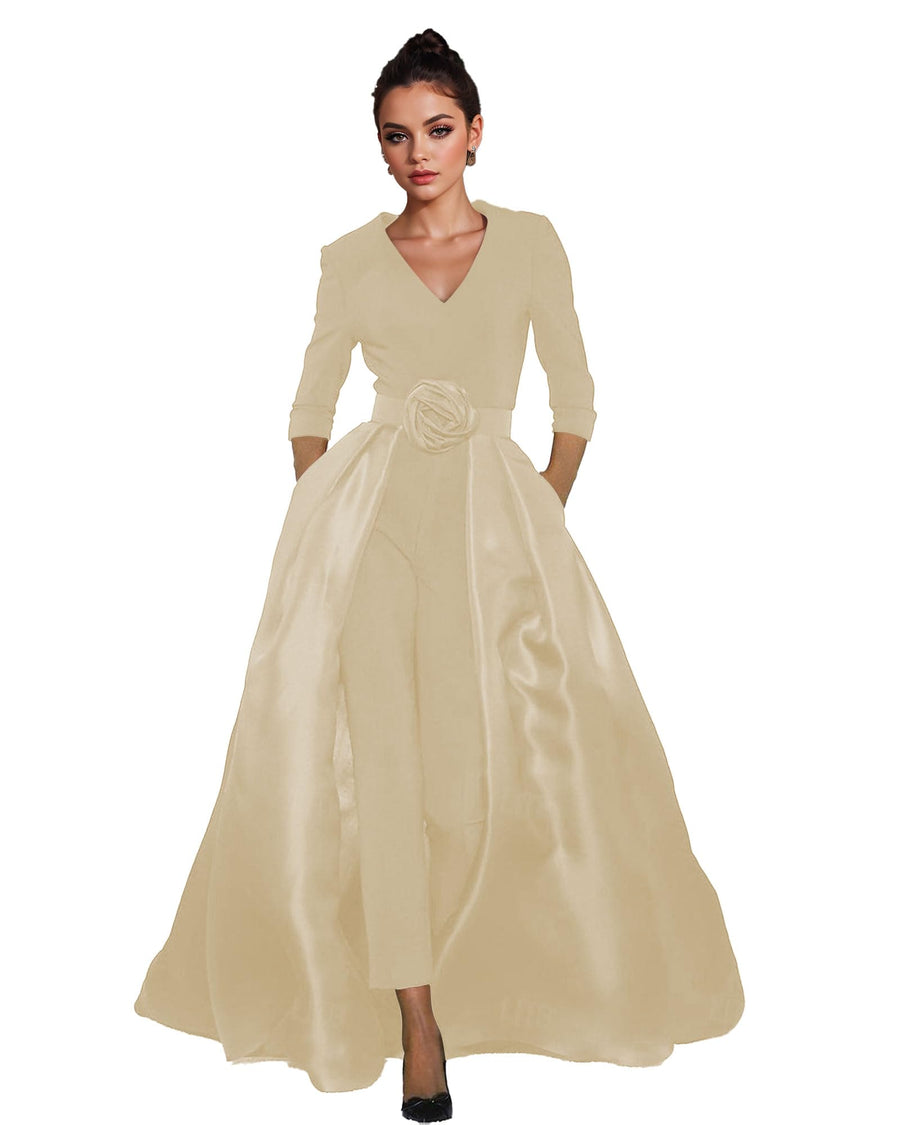 Women's V-Neck Formal Jumpsuit Pant Suit with Detachable Skirt