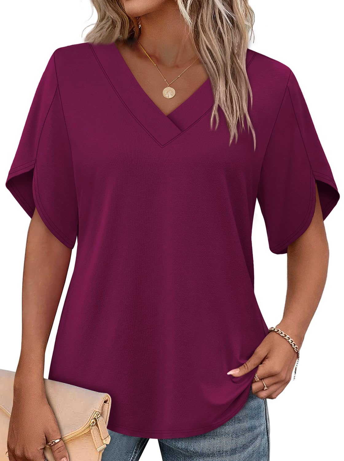 WIHOLL Women's V-Neck Petal Sleeve Summer Blouse Top