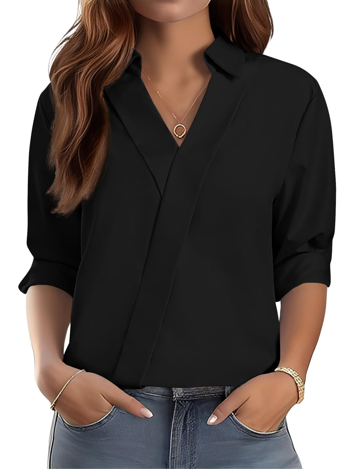 LOMON 3/4 Length Sleeve Womens Tops Dressy V Neck Collared Dress Shirts