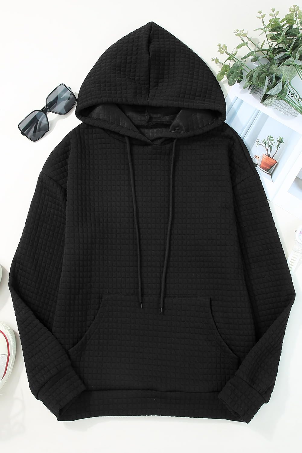 SHEWIN Women Fall Waffle Hoodies Pullover Tops Hooded Sweatshirt