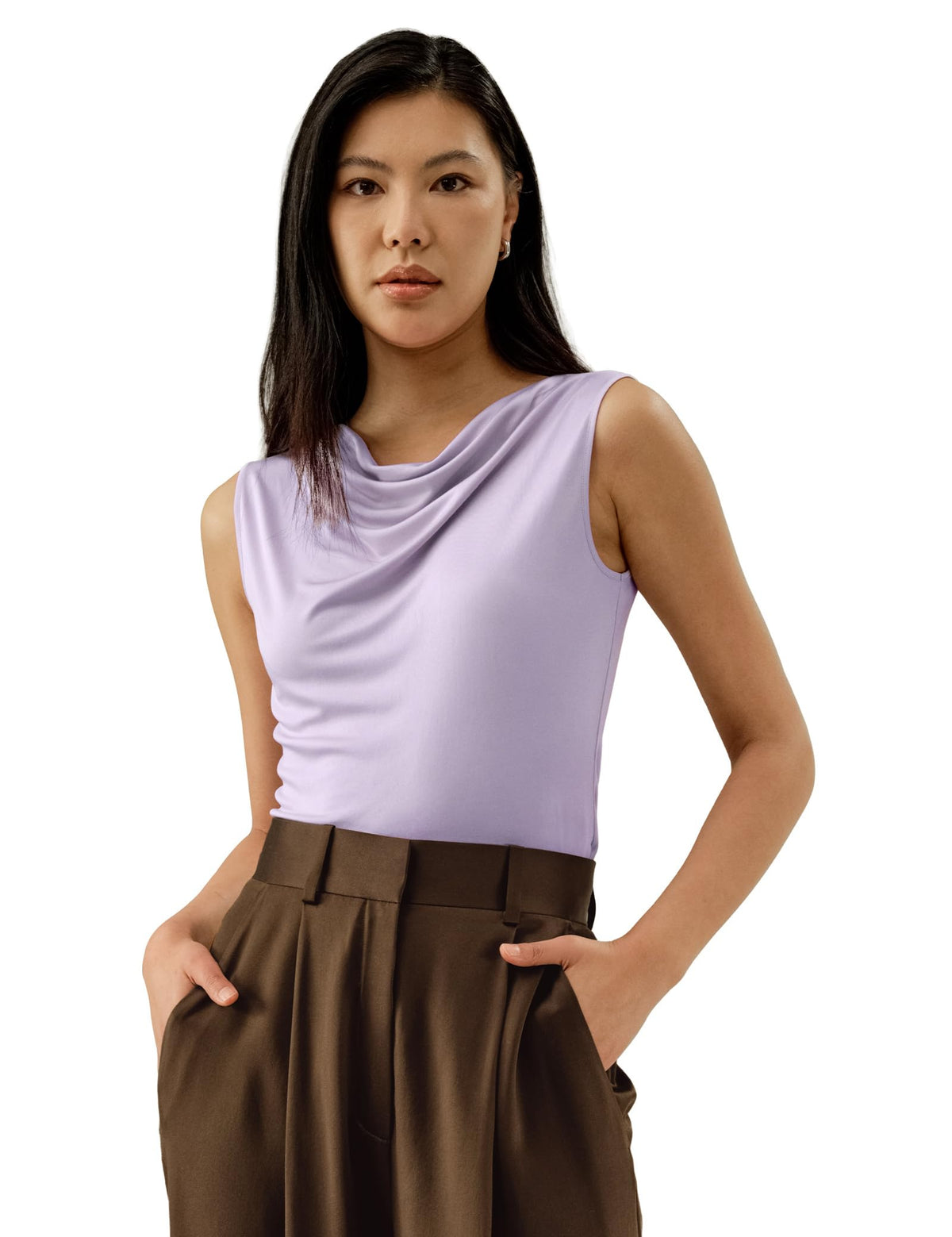 LilySilk Women Pure Silk T-Shirt Sleeveless Slim Fit Cowl Neck Tank Top Silk Jersey Shirt
