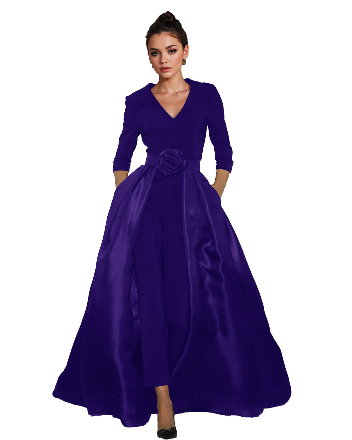 Women's V-Neck Formal Jumpsuit Pant Suit with Detachable Skirt