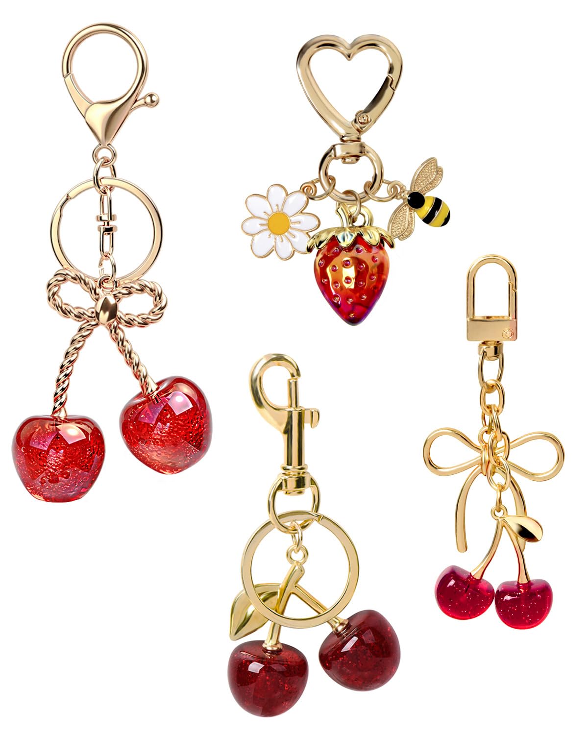 4-Piece Cherry Keychain Charms for Handbags and Purses
