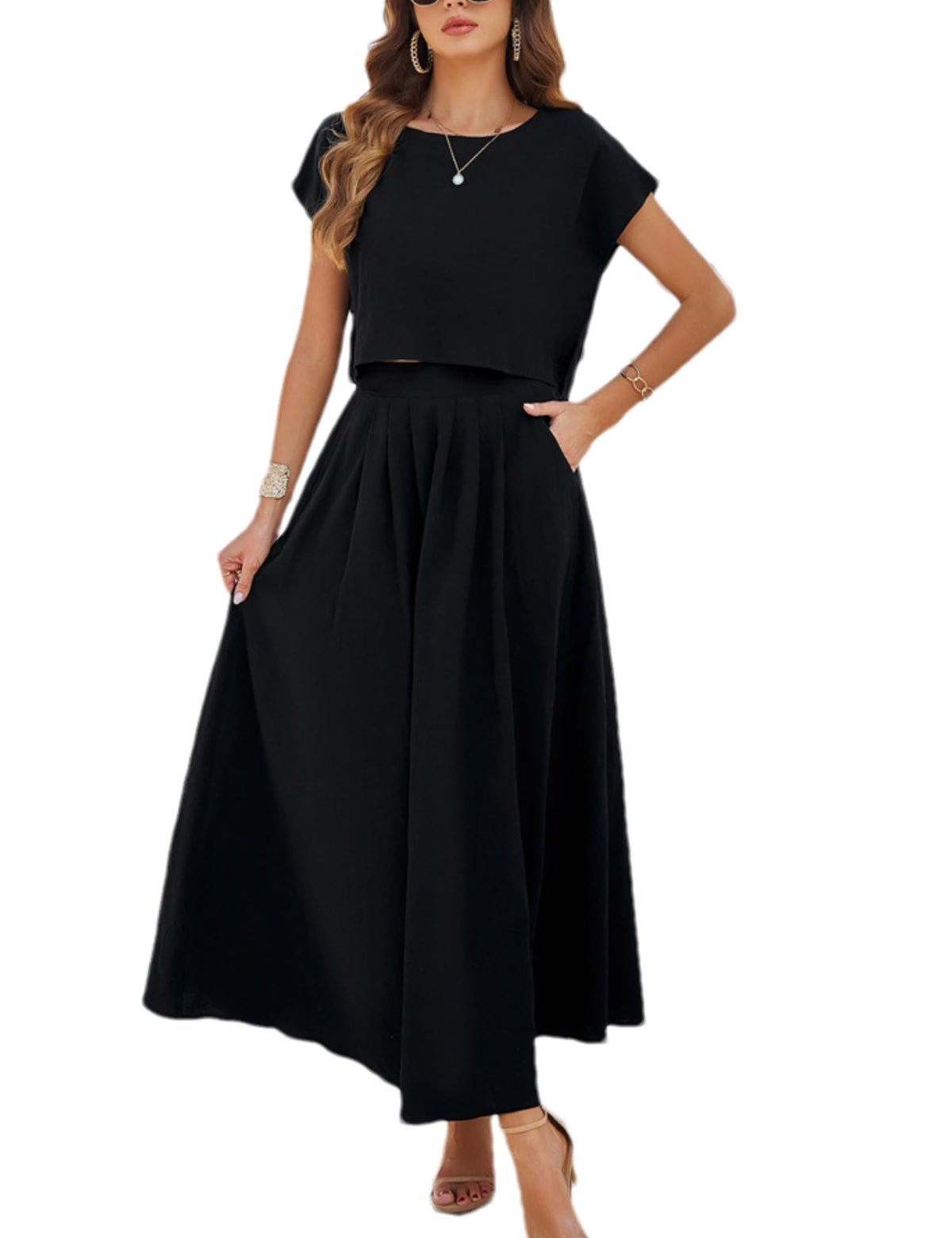 HangNiFang Women's 2-Piece Summer Maxi Skirt Set with Pockets