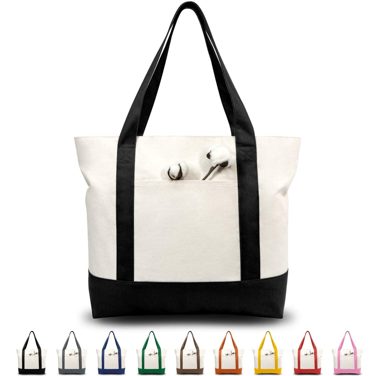 TOPDesign 30-Pack Canvas Tote Bags with an External Pocket, Reusable Grocery Shopping Bags, Top Zipper Closure, Daily Essentials (Black/Natural)