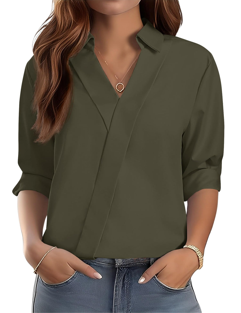 LOMON 3/4 Length Sleeve Womens Tops Dressy V Neck Collared Dress Shirts