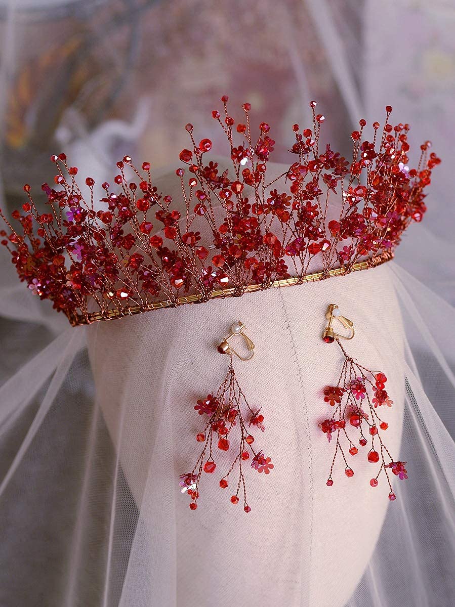 Handmade Red Crystal Flower Bridal Hairband Wedding Crown