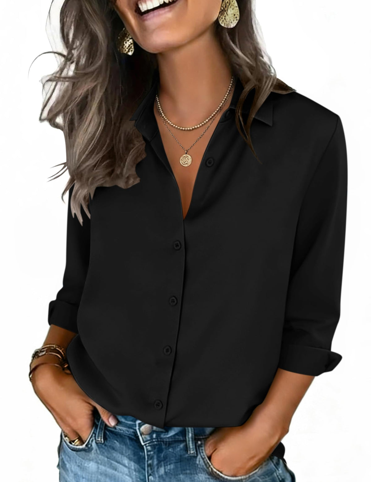 Zeagoo Women's V-Neck 3/4 Sleeve Button-Down Blouse