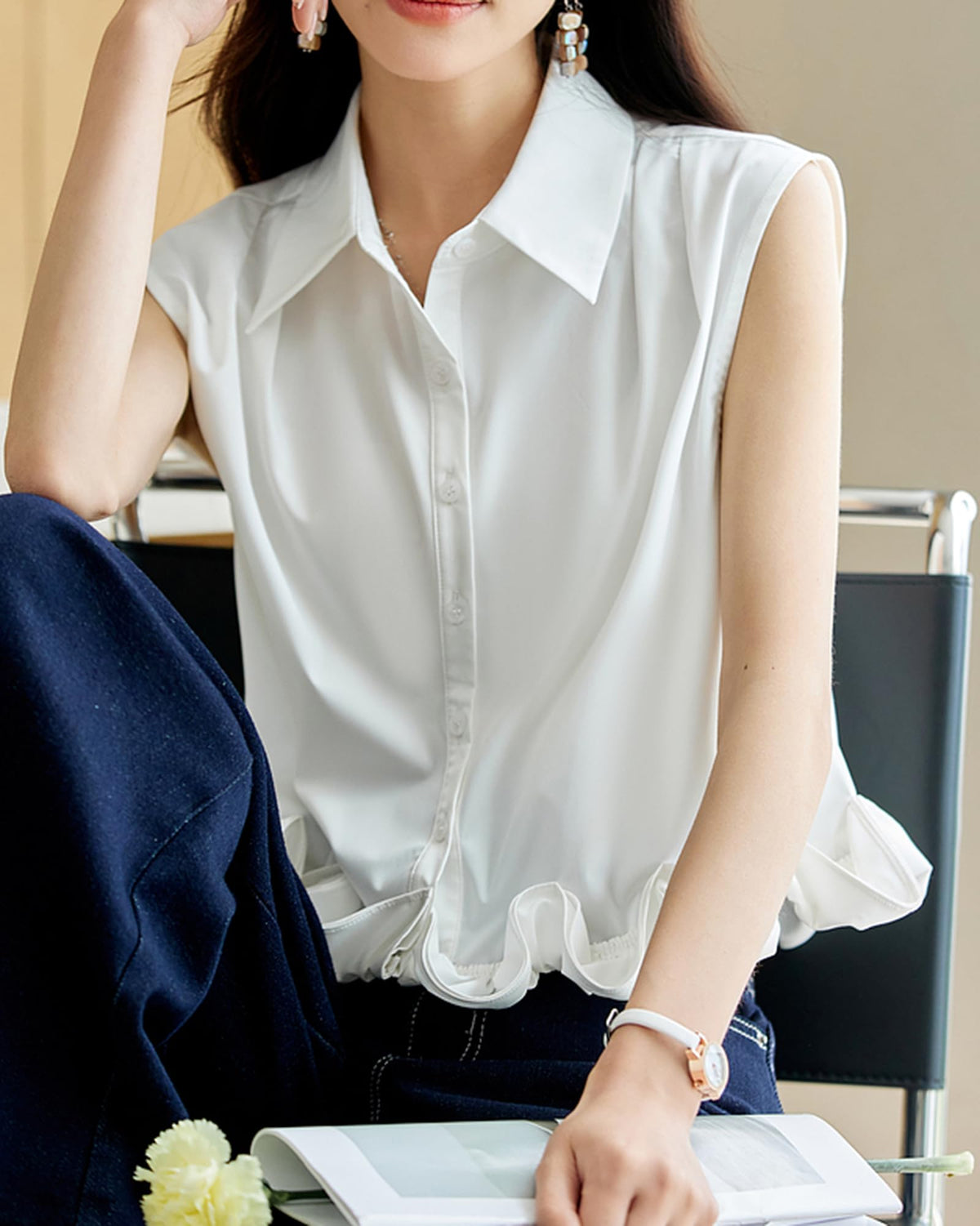 GUTEDFPO Women's Lapel Splicing Petal Hem Button Sleeveless T-Shirt Summer Fashion Shirt Loose Casual Top