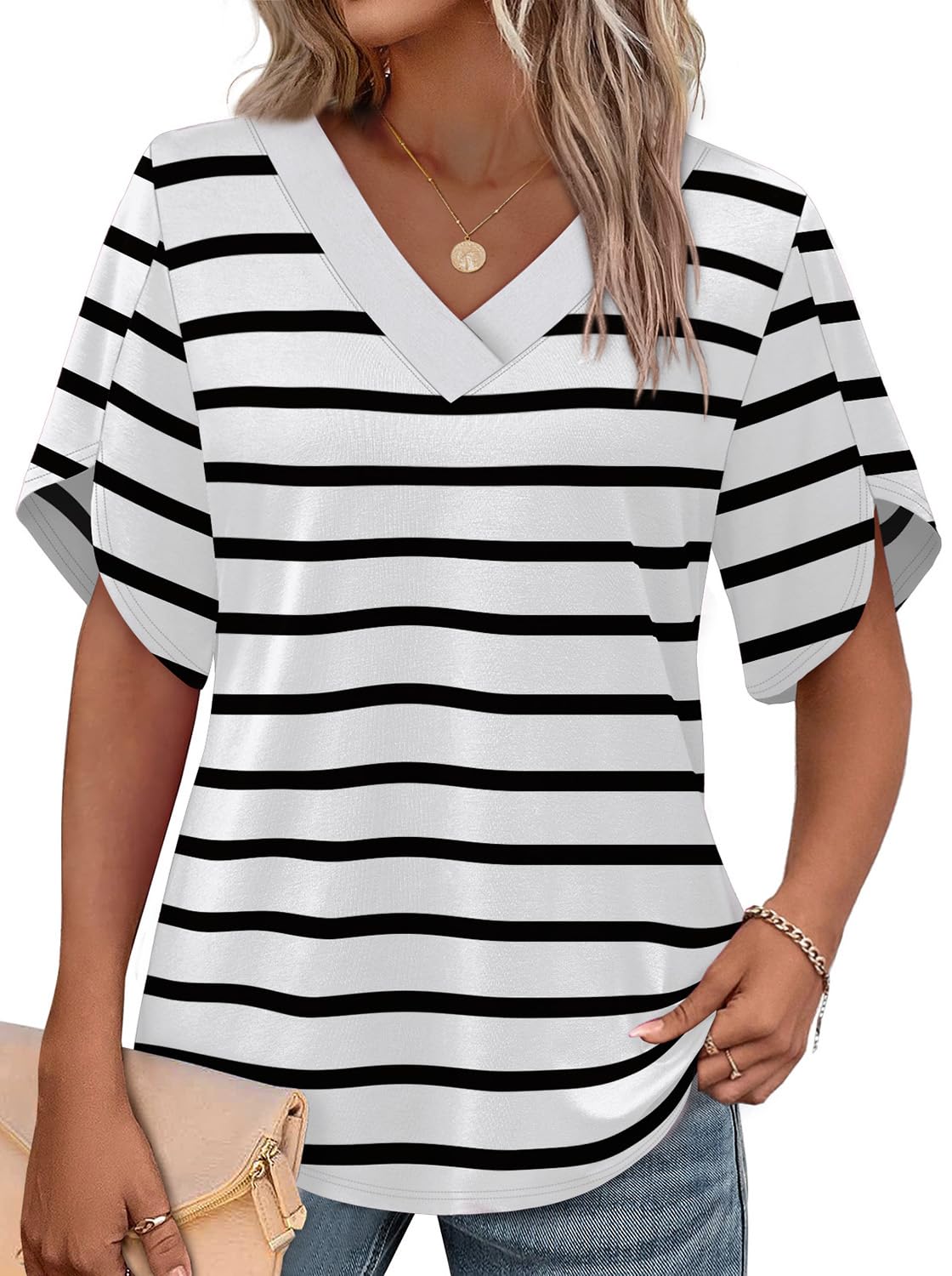 WIHOLL Women's V-Neck Petal Sleeve Summer Blouse Top