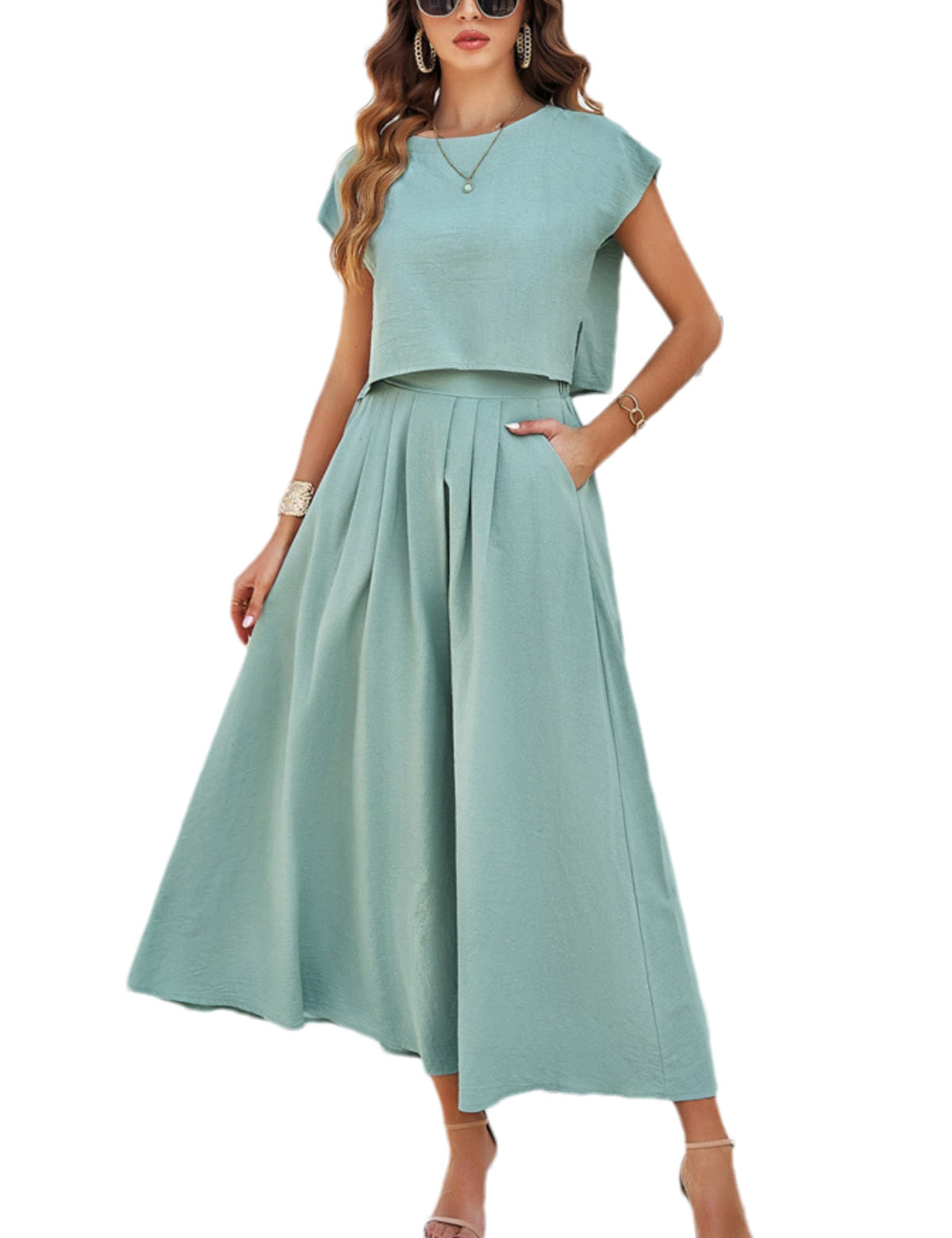 HangNiFang Women's 2-Piece Summer Maxi Skirt Set with Pockets