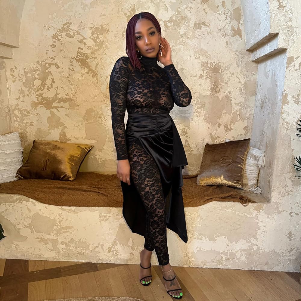 YOUFE Women's Lace See Through Jumpsuit Bodycon Sexy Club Outfits Long Sleeve Pleated High Split Midi Skirt One Piece Set