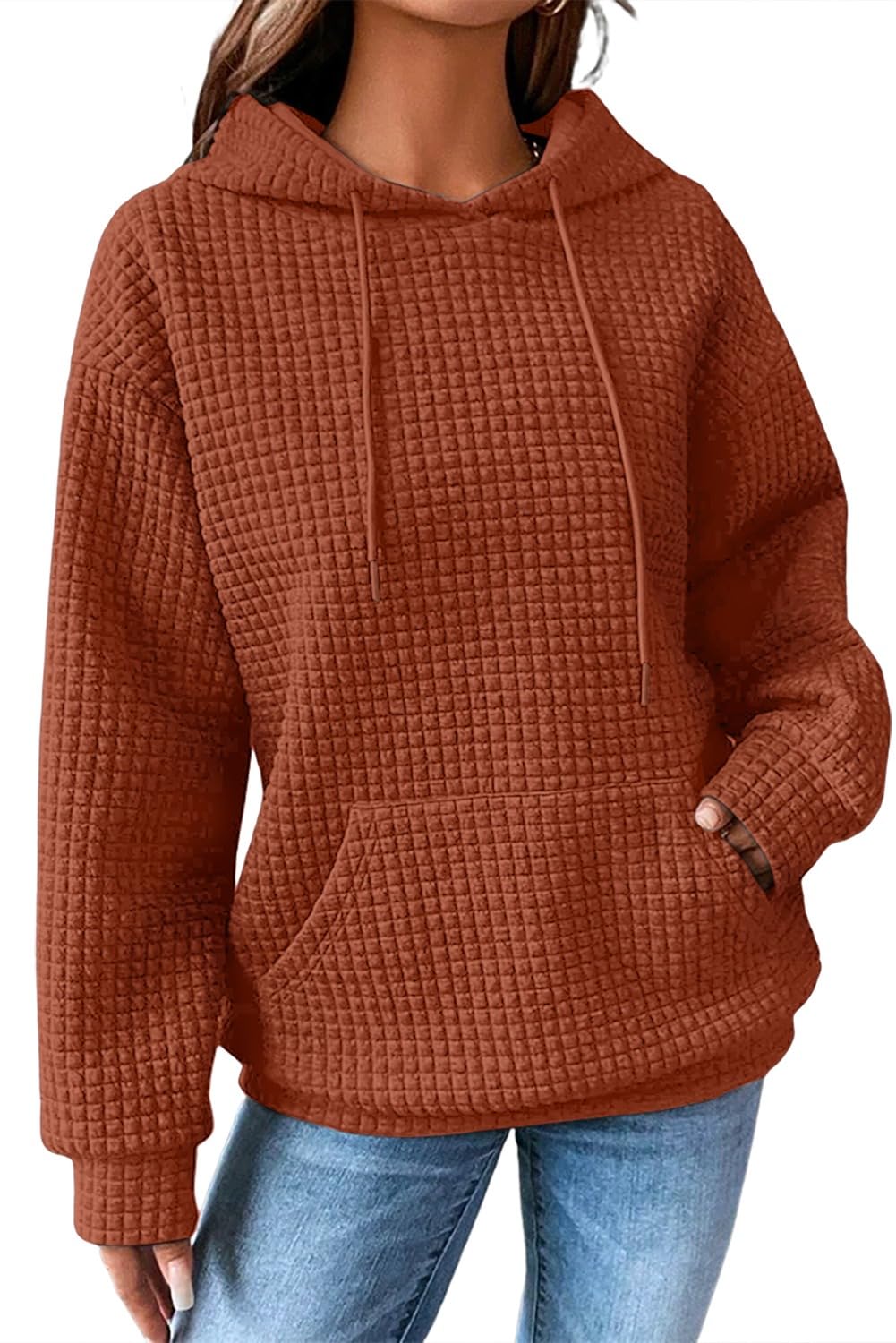 SHEWIN Women's Waffle Knit Pullover Hoodie Sweatshirt