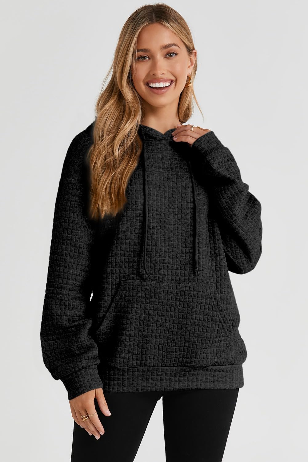 SHEWIN Women Fall Waffle Hoodies Pullover Tops Hooded Sweatshirt
