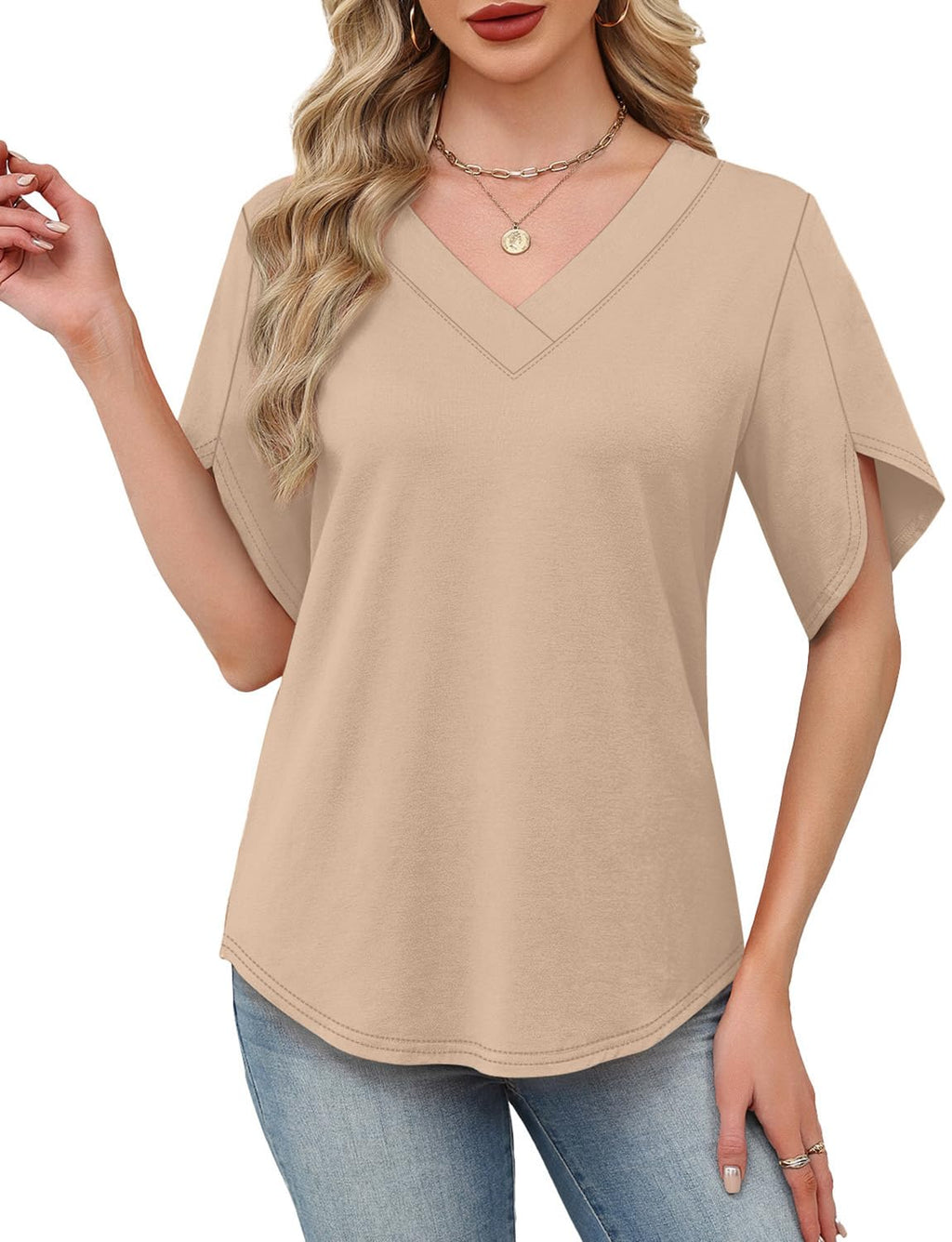 WIHOLL Womens Summer Tops Short Petal Sleeve Shirts Fashion V Neck Womens Clothing