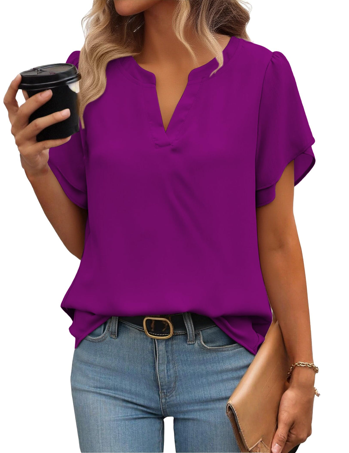 Zeagoo Women's V-Neck Short-Sleeve Chiffon Work Blouse