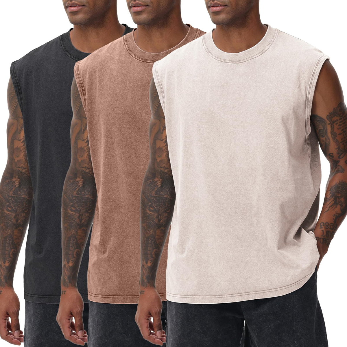 SnowElve Mens Workout Tank Tops Sleeveless Tee Shirts Men Muscle Shirt Gym Acid Wash T Shirts Running Beach Loose Fit Tee