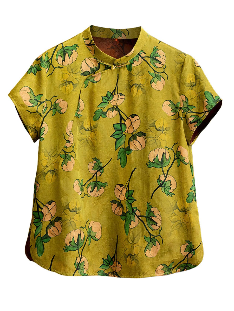HangErFeng Women's Peony Jacquard Short-Sleeve Silk Blouse