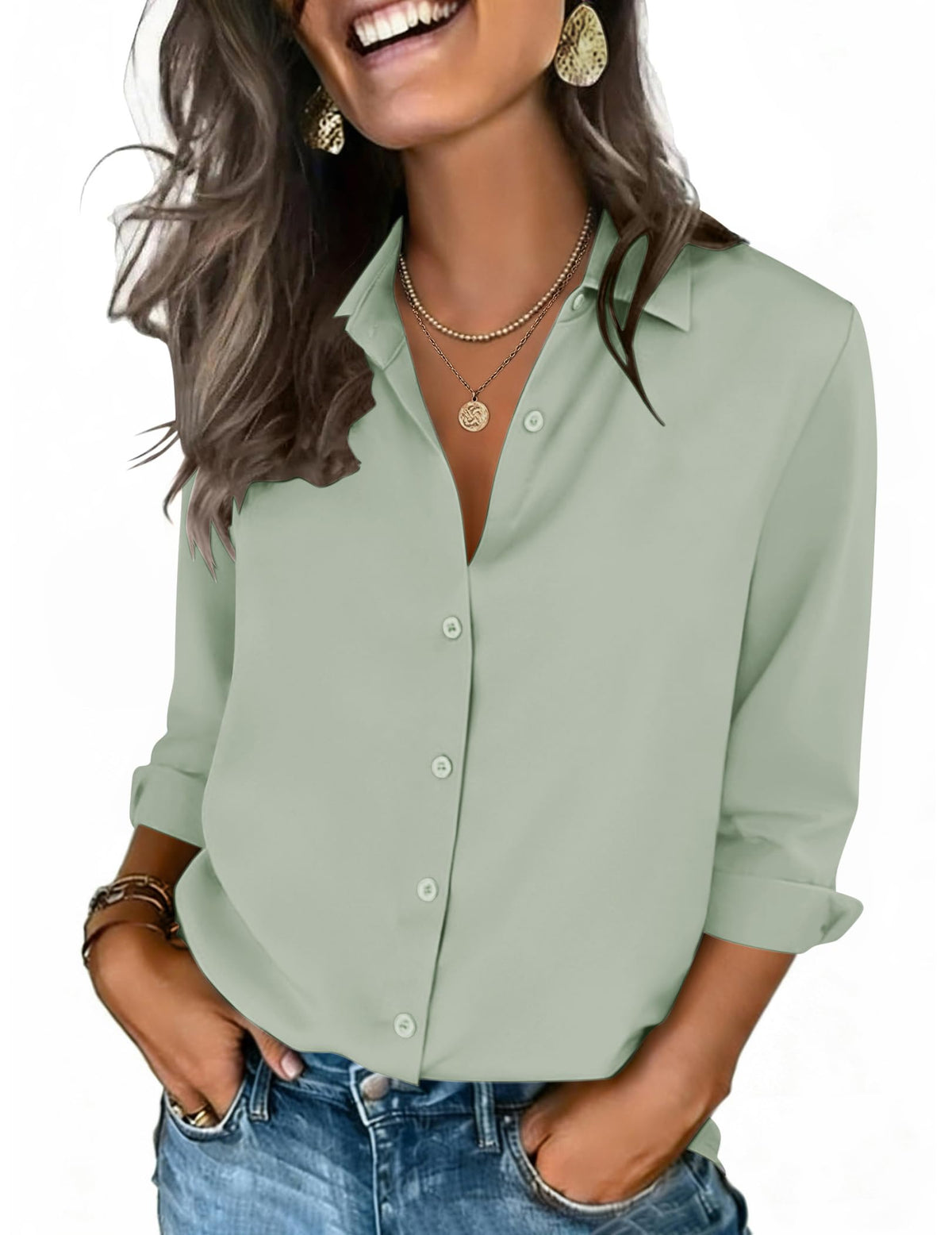Zeagoo Women's V-Neck 3/4 Sleeve Button-Down Blouse
