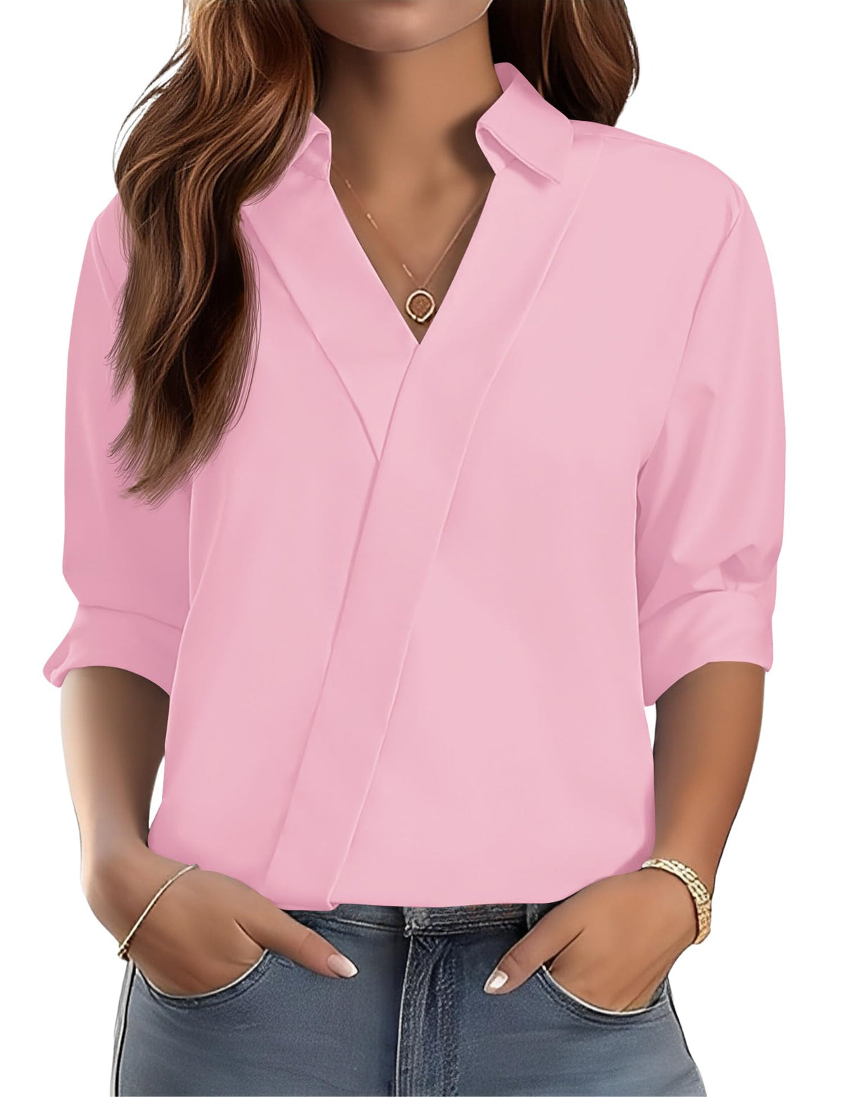 LOMON 3/4 Length Sleeve Womens Tops Dressy V Neck Collared Dress Shirts