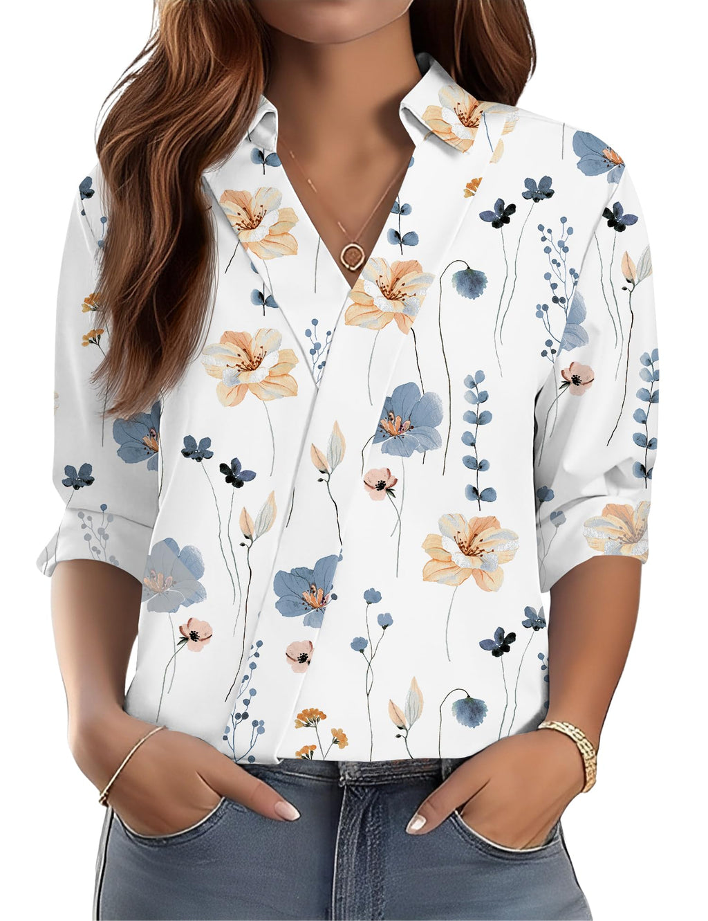 LOMON 3/4 Length Sleeve Womens Tops Dressy V Neck Collared Dress Shirts