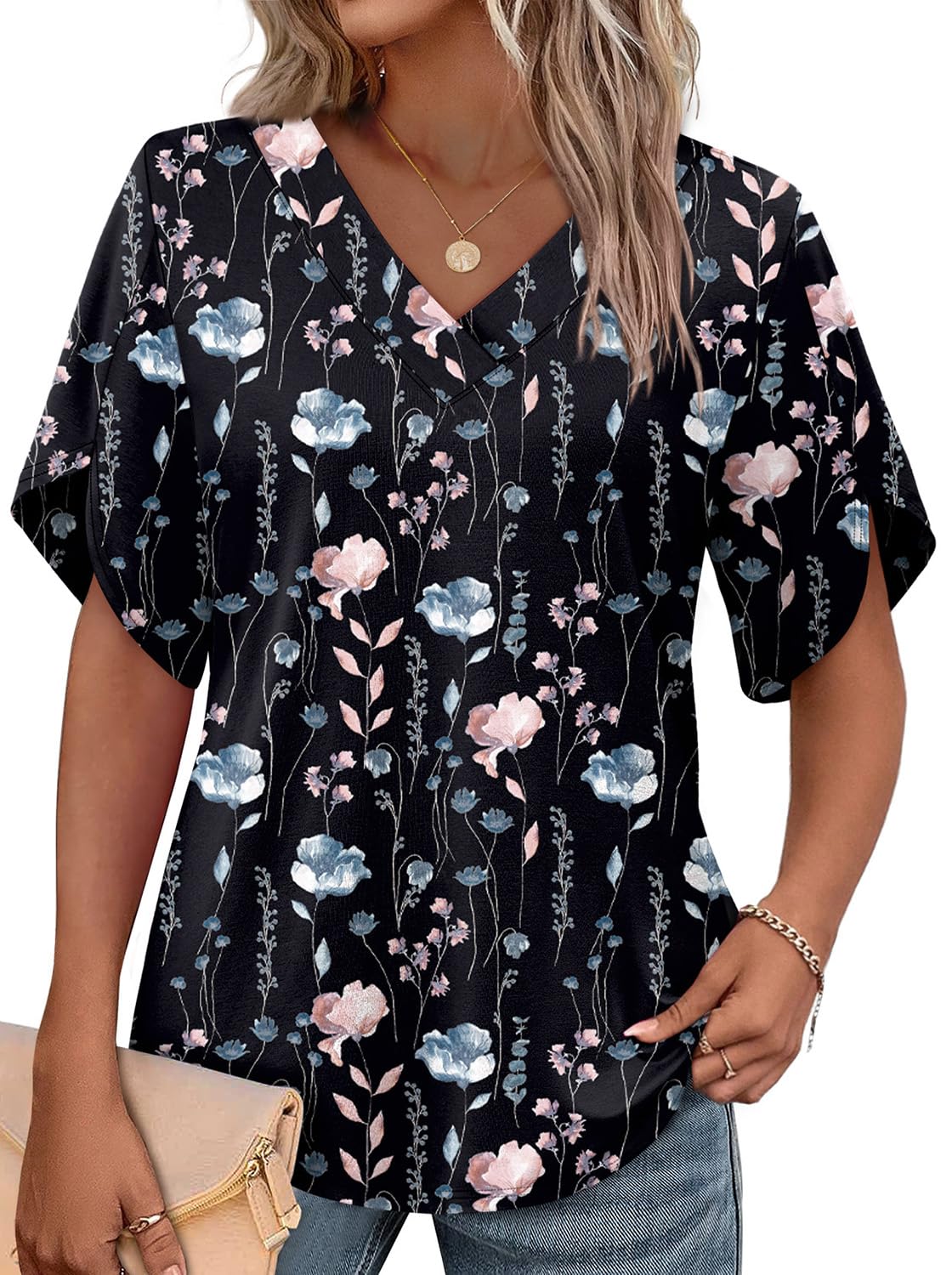 WIHOLL Womens Summer Tops Short Petal Sleeve Shirts Fashion V Neck Womens Clothing