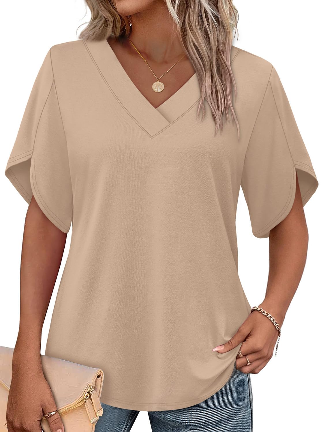 WIHOLL Women's V-Neck Petal Sleeve Summer Blouse Top