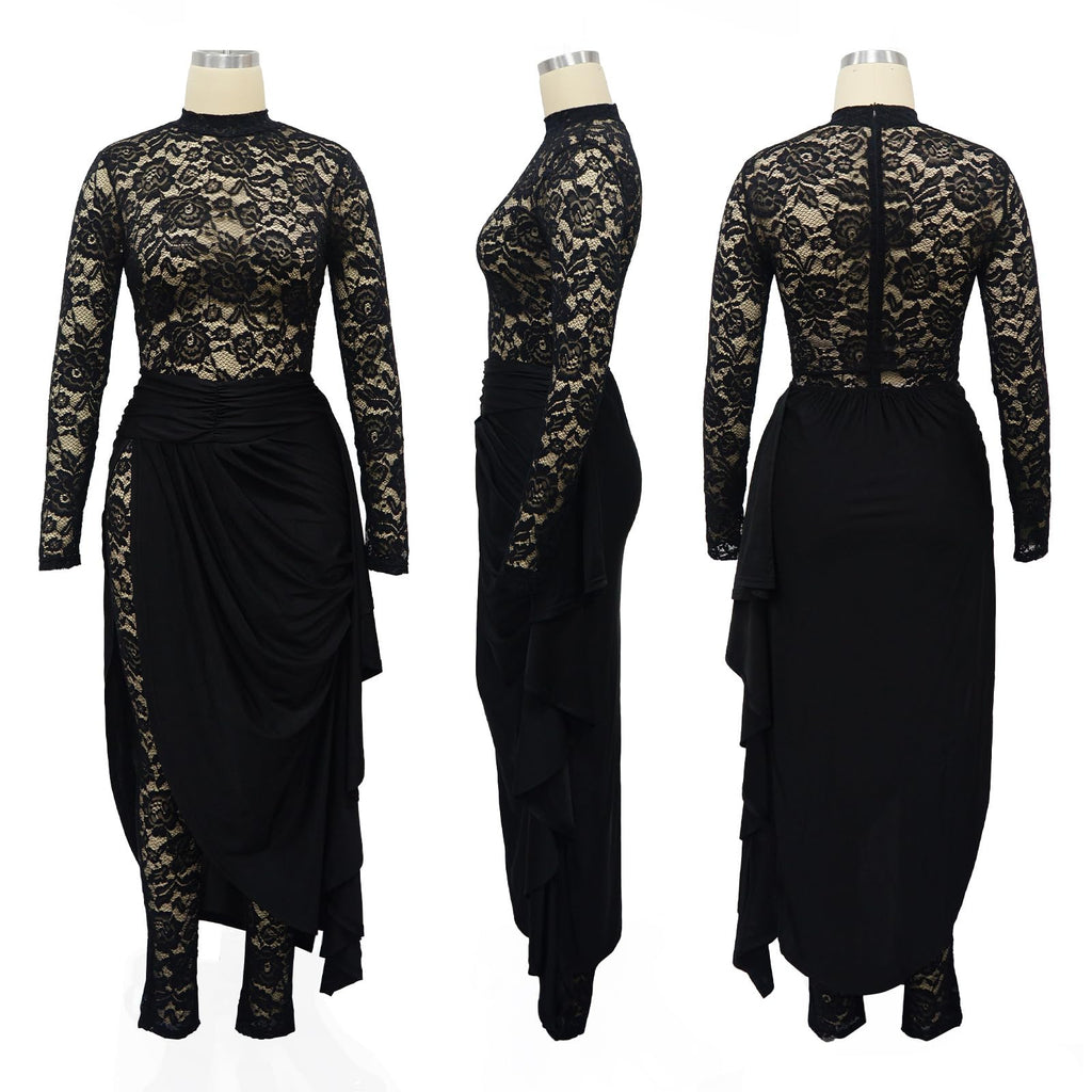 YOUFE Women's Lace See Through Jumpsuit Bodycon Sexy Club Outfits Long Sleeve Pleated High Split Midi Skirt One Piece Set
