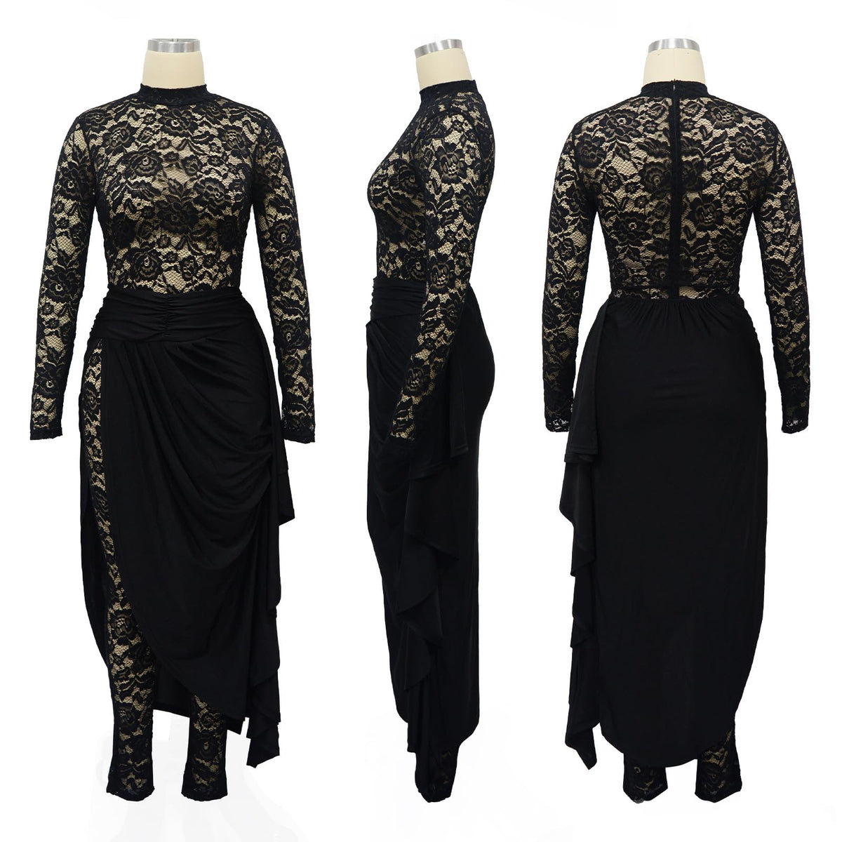 YOUFE Women's Lace See Through Jumpsuit Bodycon Sexy Club Outfits Long Sleeve Pleated High Split Midi Skirt One Piece Set